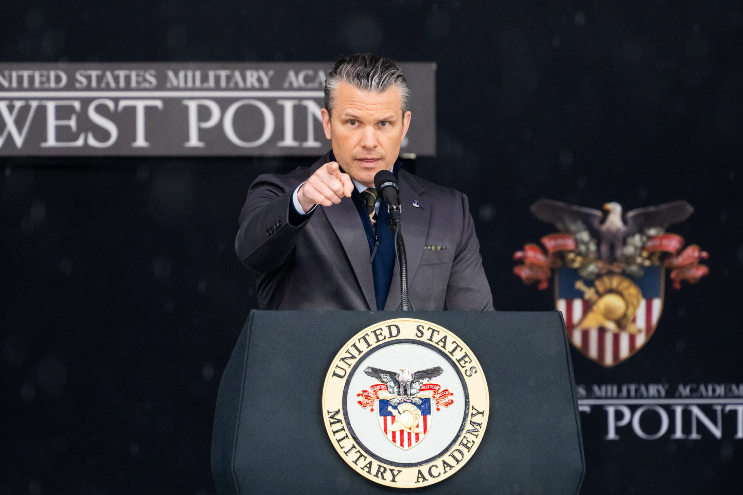 WEST POINT, NEW YORK - MAY 23: U.S. Secretary of War Pete Hegseth speaks to graduating cadets during the United States Military Academy commencement ceremony in Michie Stadium at the U.S. Military Academy on May 23, 2026 in West Point, New York. U.S. Secretary of War Pete Hegseth was announced as the 2026 commencement speaker just two days before the event. (Photo by Adam Gray/Getty Images)