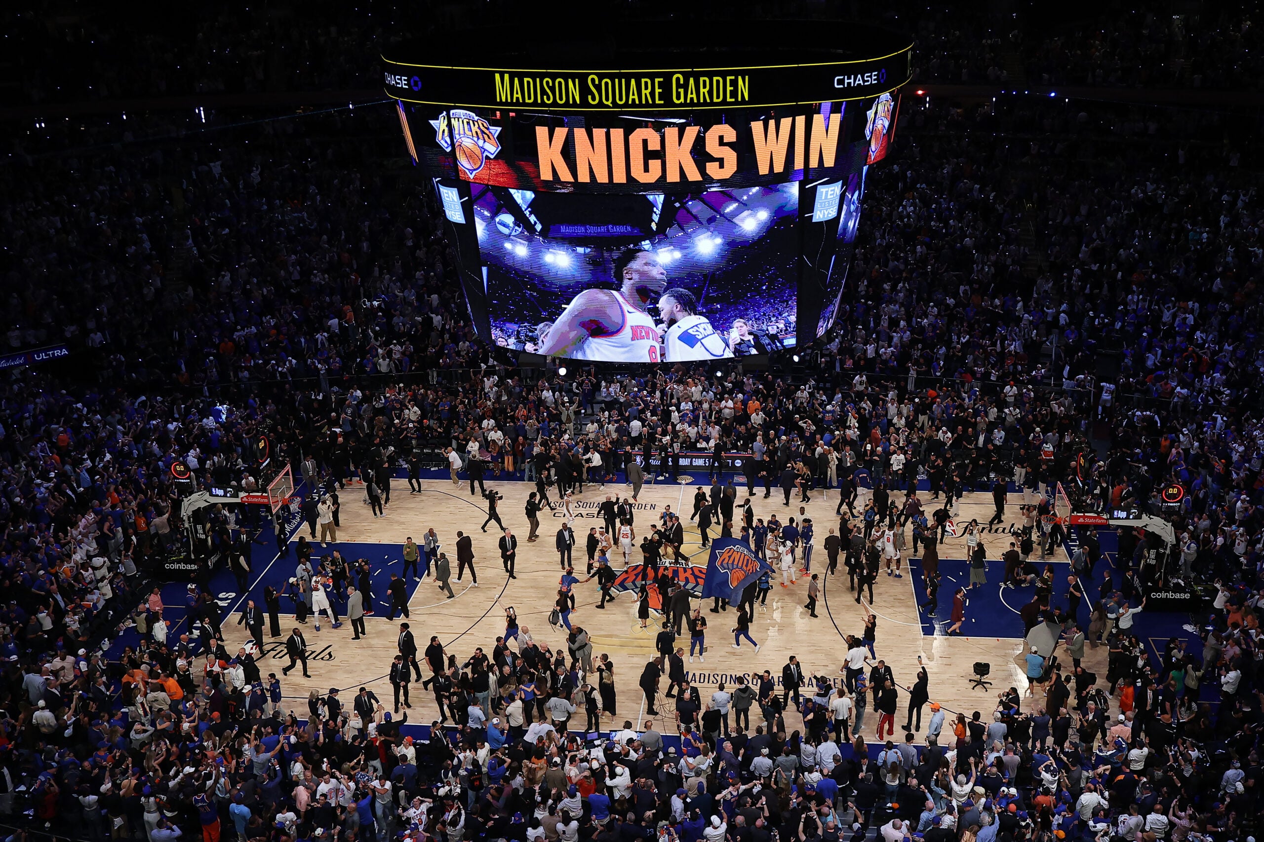 NEW YORK, NEW YORK - JUNE 10: A general view inside Madison Square Garden as the New York Knicks celebrate their 107-106 victory against the San Antonio Spurs in Game Four of the 2026 NBA Finals on June 10, 2026 in New York City. NOTE TO USER: User expressly acknowledges and agrees that, by downloading and or using this photograph, User is consenting to the terms and conditions of the Getty Images License Agreement. (Photo by Dustin Satloff/Getty Images)