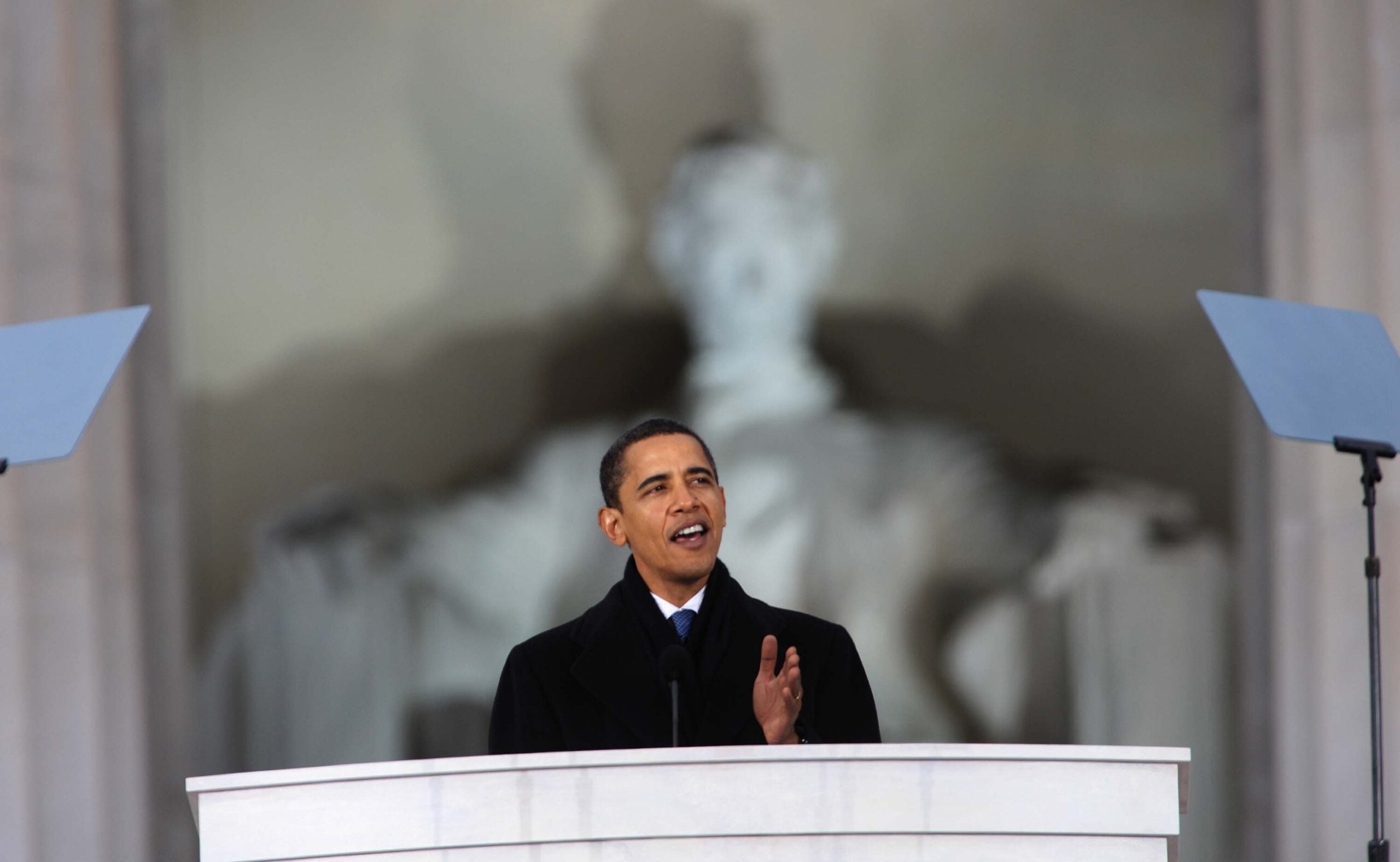WASHINGTON - JANUARY 18:  (AFP OUT) President-elect Barack Obama speaks at "We Are One: The Obama Inaugural Celebration At The Lincoln Memorial" January 18, 2009 in Washington, DC. The event includes a diverse array of talent featuring both musical performances and historical readings and an appearance by U.S. President-elect Barack Obama.  (Photo by Dennis Brack-Pool/Getty Images)