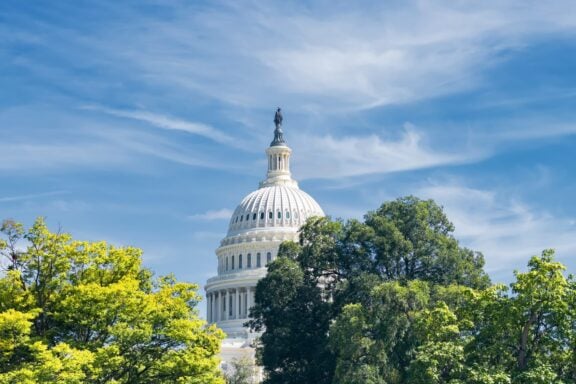 Washington DC Capitol building with trees and water in the foreground. (Kosoff)