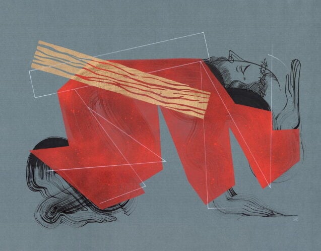 BYU illustrator David Habben depicts Station 3: Jesus Falls for the First Time in his exhibit, “The Way of the Cross,” on display at the BYU Museum of Art.
