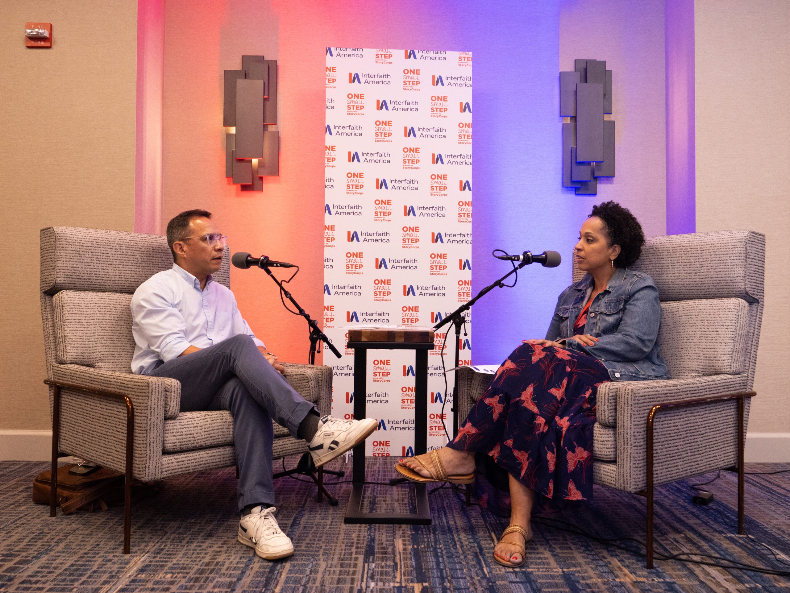 Dr. Kevin Villegas (left) and Dr. Melissa Carter (right) at the StoryCorps conversation at the 2025 Interfaith Leadership Summit in Chicago, Illinois. (Alex Myung)