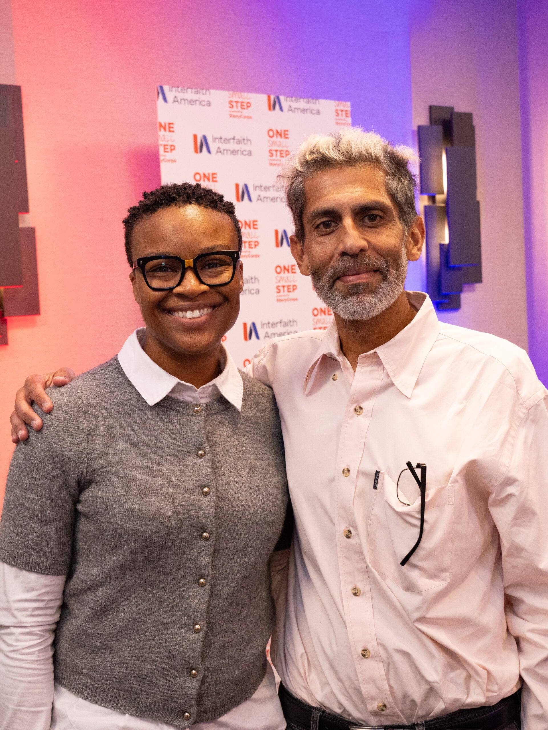 Dr. Shaunesse’ Jacobs Plaisimond (left) and Dr. Lavjay Butani (right) at the StoryCorps conversation at the 2025 Interfaith Leadership Summit in Chicago, Illinois. (Alex Myung)