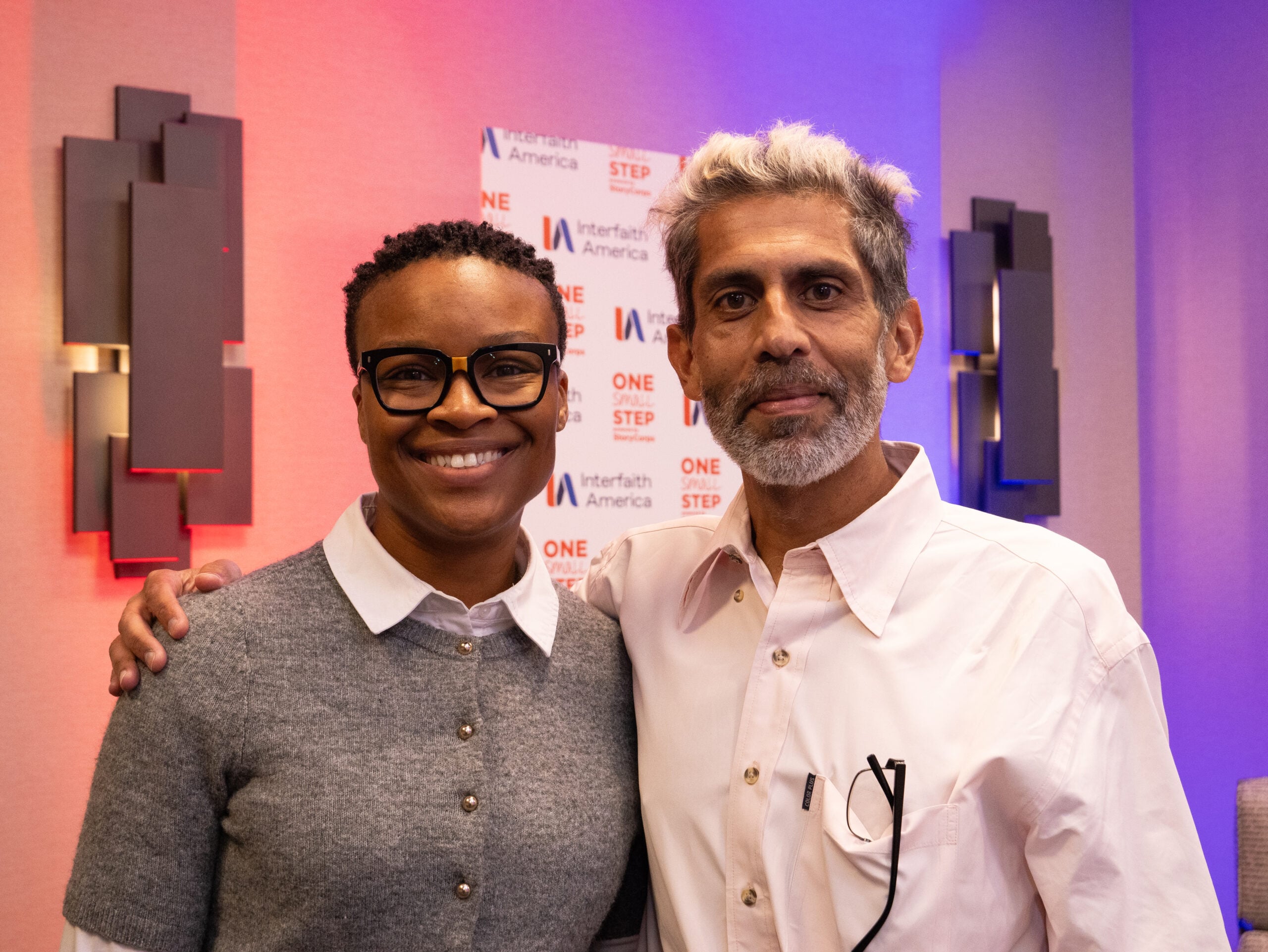 Dr. Shaunesse’ Jacobs Plaisimond (left) and Dr. Lavjay Butani (right) at the StoryCorps conversation at the 2025 Interfaith Leadership Summit in Chicago, Illinois. (Alex Myung)