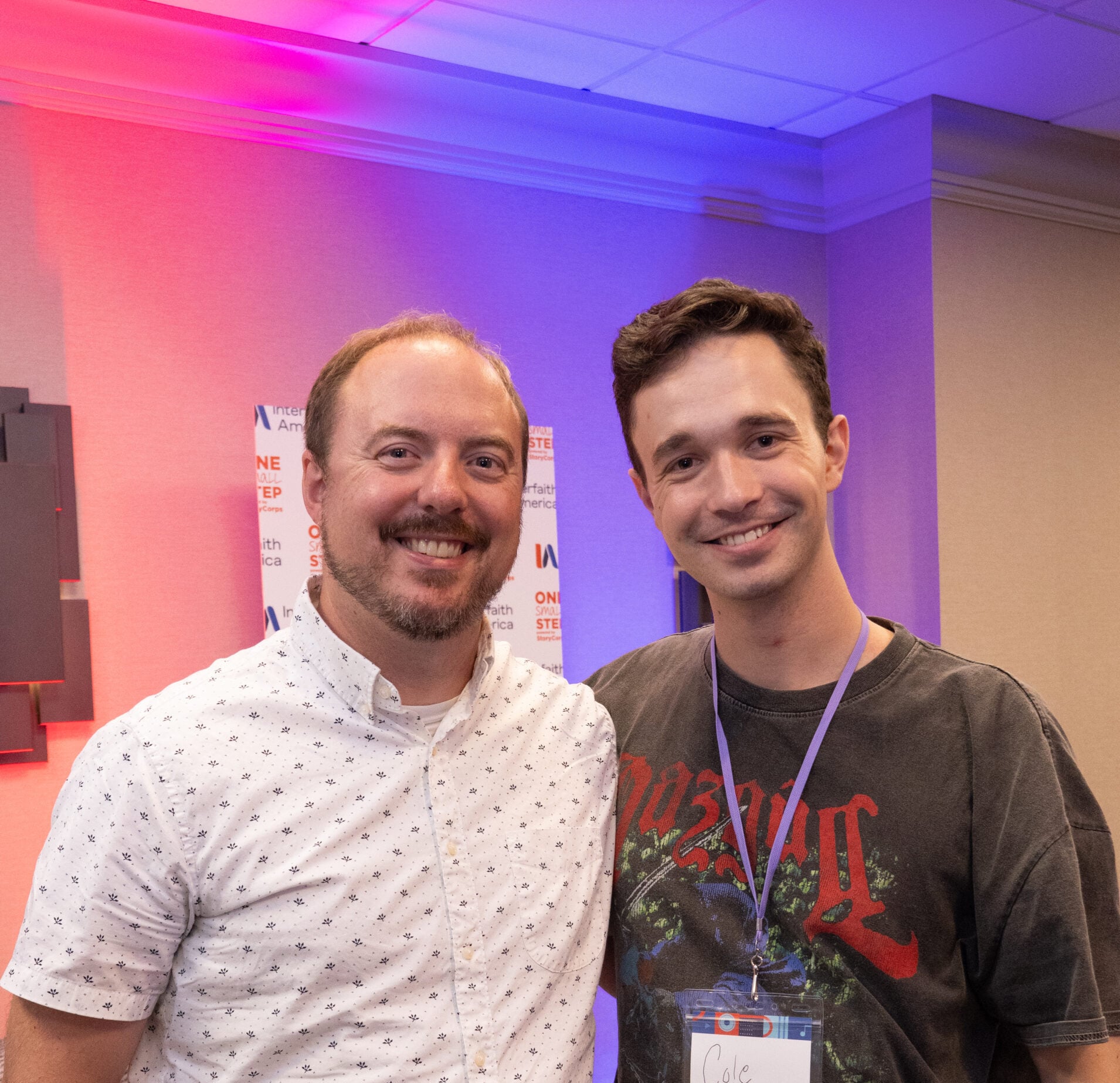Roger Gordon (left) and Cole Johnston (right) at their StoryCorps conversation at the 2025 Interfaith Leadership Summit in Chicago, Illinois. (Alex Myung)