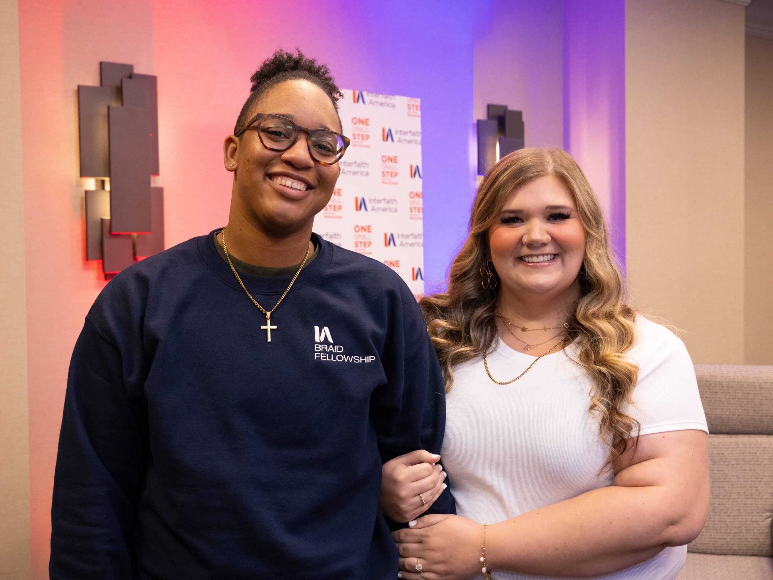 Tina Grace (left) and Desirae Taylor (right) at the StoryCorps conversation at the 2025 Interfaith Leadership Summit in Chicago, Illinois. (Alex Myung)