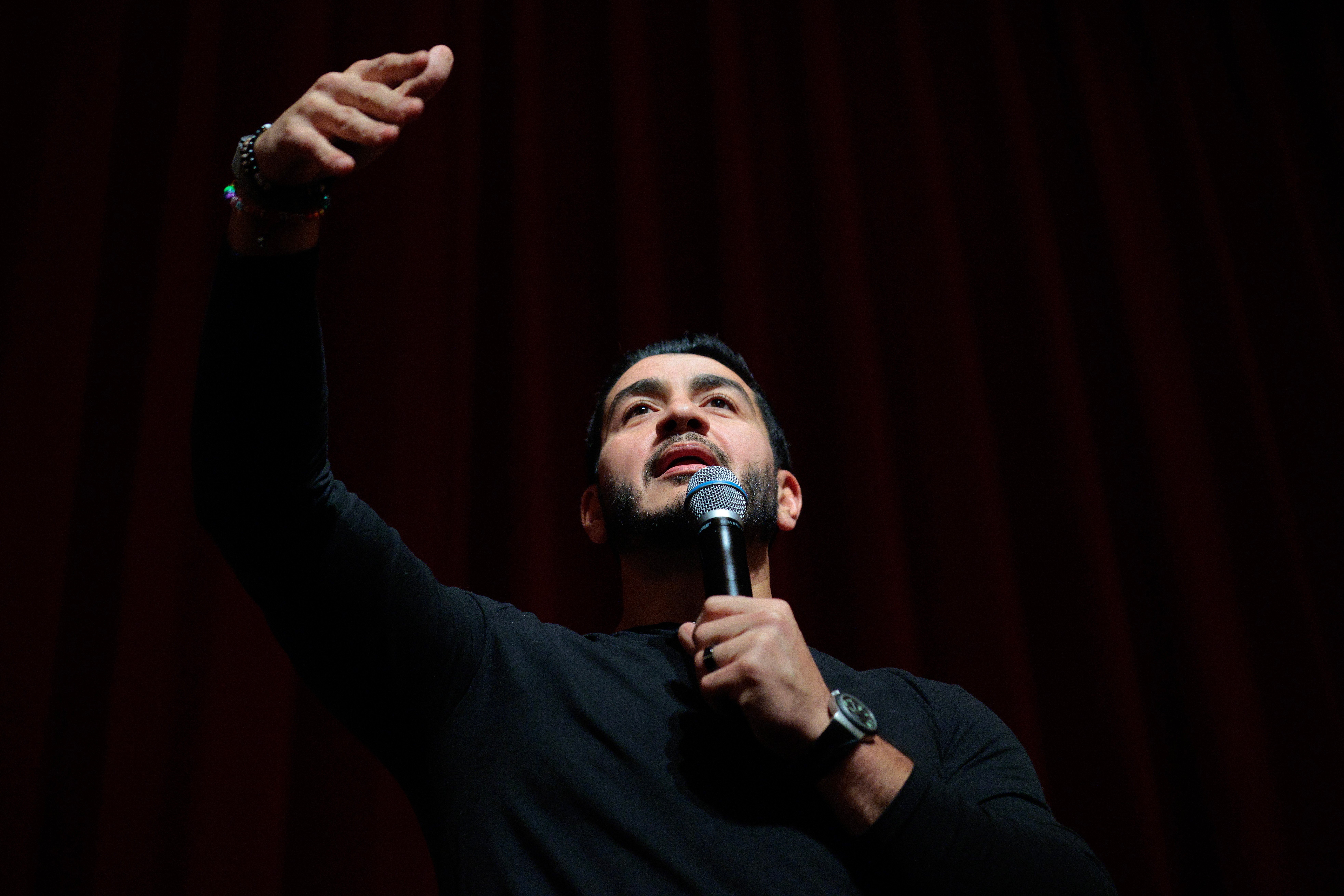 MUSKEGON, MICHIGAN - OCTOBER 11: Michigan Democratic Senate candidate Abdul El-Sayed speaks during a campaign event at the Frauenthal Theater on October 11, 2026 in Muskegon, Michigan. A progressive former public health director, El-Sayed has been polling ahead of his Republican opponent and former U.S. Rep. Mike Rogers, but the lead remains within the margin of error. El-Sayed could become the first Muslim elected to the U.S. Senate from a state that has not elected a GOP senator in 32 years. (Photo by Chip Somodevilla/Getty Images)