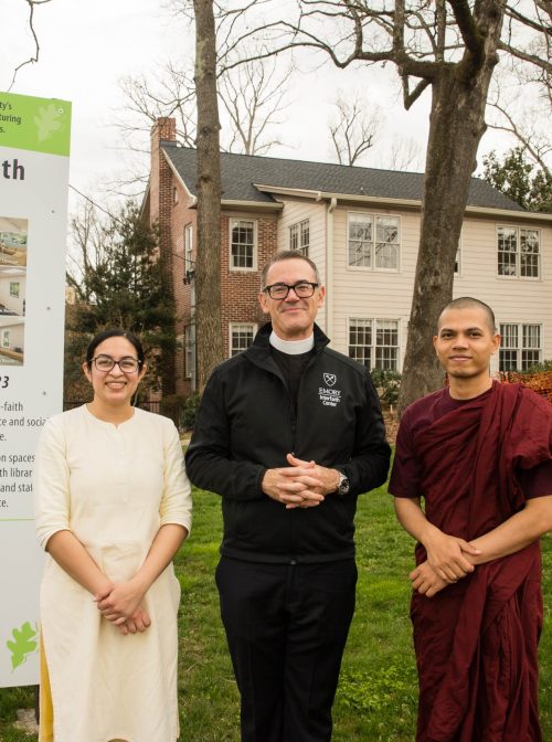 Brahmacharini Shweta Chaitanya (left), the Rev. Dr. Greg McGonigle (center), and The Venerable Priya Sraman (right) in front of Emory University's new Interfaith Center which is under construction in Atlanta, Georgia, February 24, 2023. (Atlanta Event Photography)