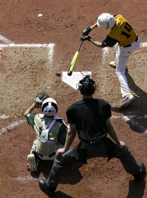 SOUTH WILLIAMSPORT, PENNSYLVANIA - AUGUST 28: Southeast Region team from Nolensville, Tennessee swings at a pitch at the Little League World Series consolation game against the Asia-Pacific Region team from Taipei City on August 28, 2022 in South Williamsport, Pennsylvania. (Photo by Joshua Bessex/Getty Images)