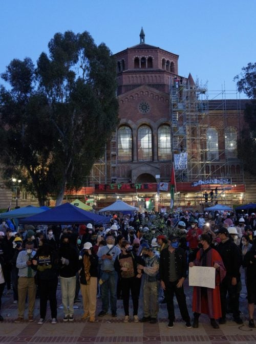 LOS ANGELES, CALIFORNIA - MAY 2: Protestors gather at an encampment at the University of California, Los Angeles (UCLA) campus on May 2, 2024 in Los Angeles, California. (Photo by Eric Thayer/Getty Images)