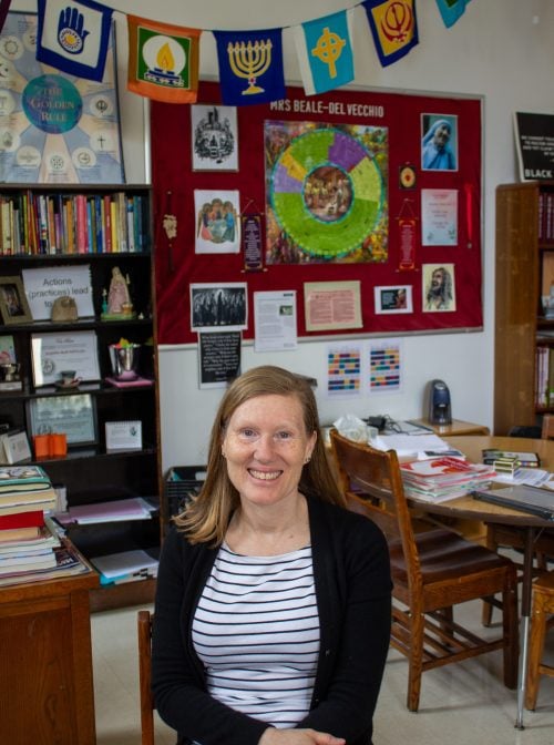 Sacred Heart religion teacher, Jackie Beale-DelVecchio, in her classroom (April 30, 2025). (Rachel Crowe)