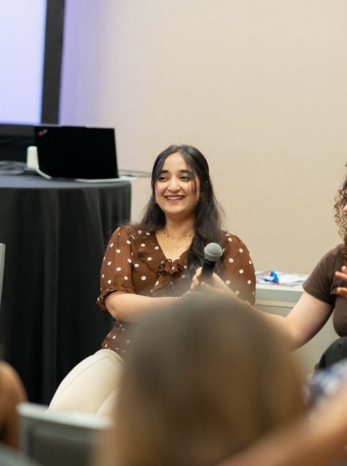Mahnoor Iftikhar, Pacific Lutheran University, speaks on a panel entitled “BRAID-ing Together Student-led Interfaith Projects" at the 2025 Interfaith Leadership Summit.