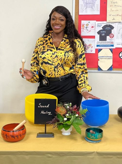 Jermira Trapp at at sound healing station at a mental health event at her workplace. Courtesy image