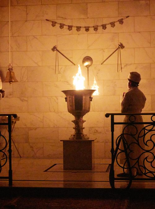 The fire altar at the Zoroastrian Association of California (ZAC) in Orange, California, on Sept. 1, 2023. Photo by Shawheen Keyani