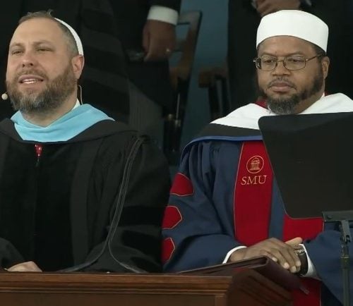 Rabbi Getzel Davis (left) and Imam Dr. Khalil Abdur-Rashid (right) at the 373rd Harvard Commencement on May 23, 2024. Video screengrab