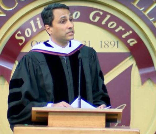 Eboo Patel giving the commencement speech at Concordia College in Moorhead, Minnesota on May 7, 2023. Video screen grab
