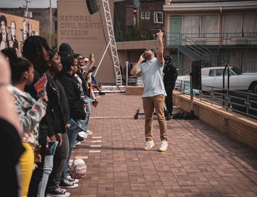 Memphis rapper-actor Chris Franceschi performing outside of the National Civil Rights Museum at the Lorraine Motel on April 4, 2023, the 55th anniversary of the assassination of Dr. Martin Luther King Jr at that same location.  Photo credit: Andrea Morales