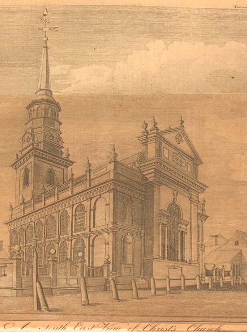 A South East view of Christ's Church. Engraving in Columbian Magazine, November 1787-December 1787 Philadelphia: 1787. Page 2. Rare Book and Special Collections Division, Library of Congress (52)