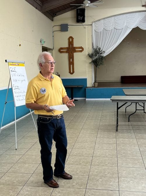 Miguel leads a freedom school in a Catholic church's meeting hall, Oct. 12, 2025, in Los Angeles. (RNS photo/Aleja Hertzler-McCain)