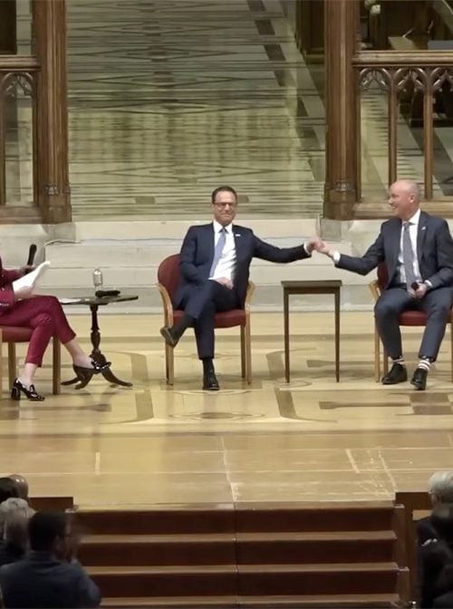 Utah Gov. Spencer Cox, right, and Pennsylvania Gov. Josh Shapiro, center, participate in a discussion titled “Toward a Better Politics,” moderated by Savannah Guthrie, left, Tuesday, Dec. 9, 2025, at Washington National Cathedral in Washington. (Video screen grab)