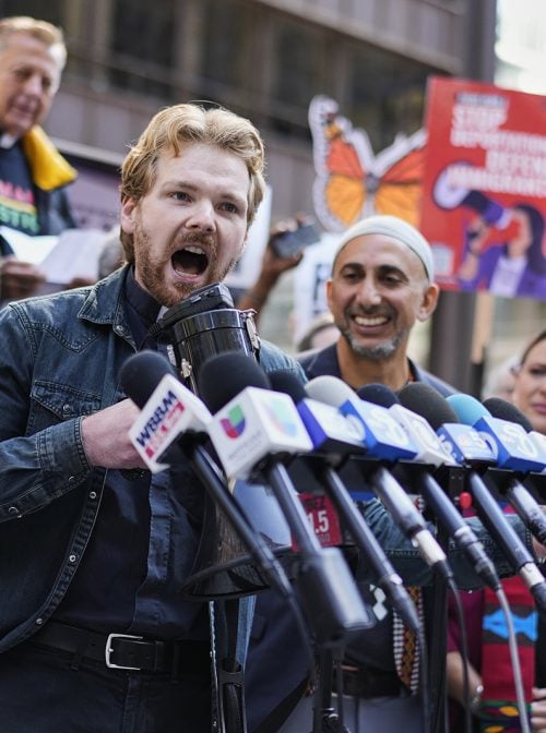 The Rev. David Black, of First Presbyterian Church of Chicago, speaks during a protest against Trump administration immigration policies in Daley Plaza, Monday, Sept. 8, 2025, in Chicago. (AP Photo/Carolyn Kaster)